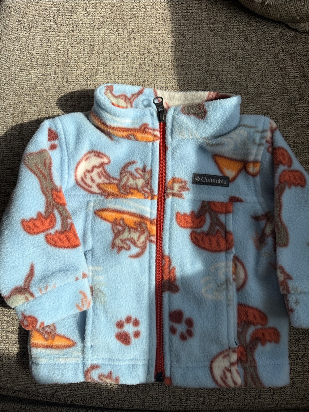 Columbia Light Blue Fleece Jacket with Orange Canoe Pattern